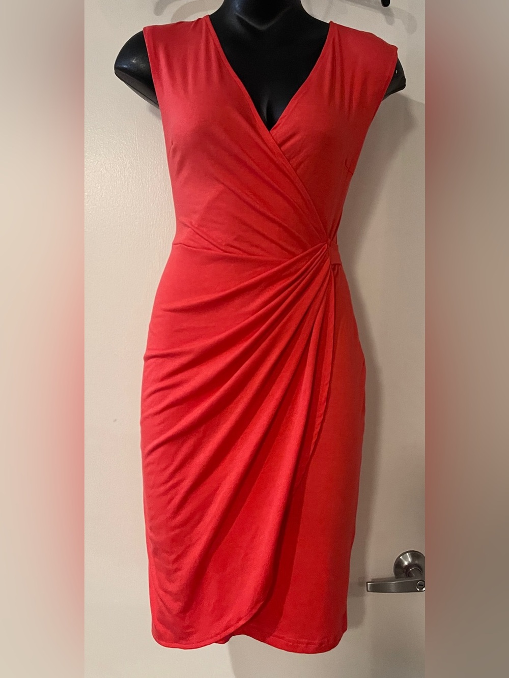 Berydress Solid Coral Red Ruched Wrap-Front Midi Dress, Size Small